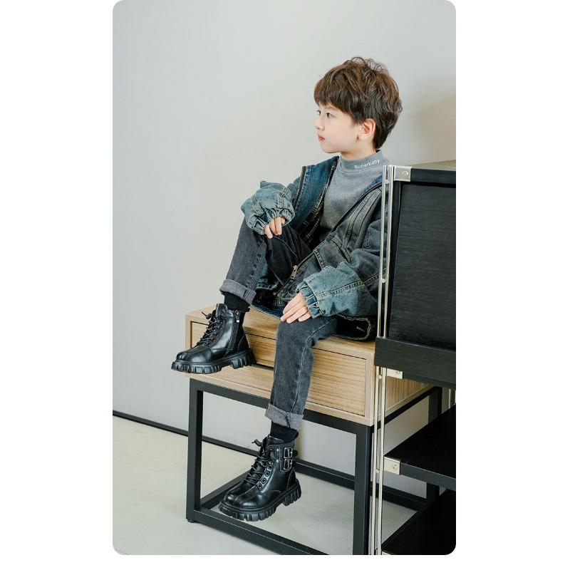 Fashion retro children's Martin boots autumn and winter new leather single boots velvet British style casual non-slip boys short boots