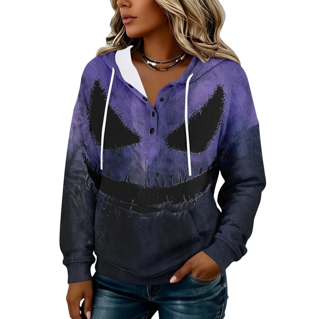 Women's Hooded Button Front Halloween Print Pullover Sweatshirt for Casual Fall Outfits