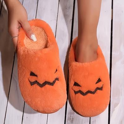 Women's Jack-O'-Lantern Slippers - Soft Indoor Slippers, EVA Sole, Hand Washable, All-season Casual Horseshoe Style, Cartoon Pumpkin Design