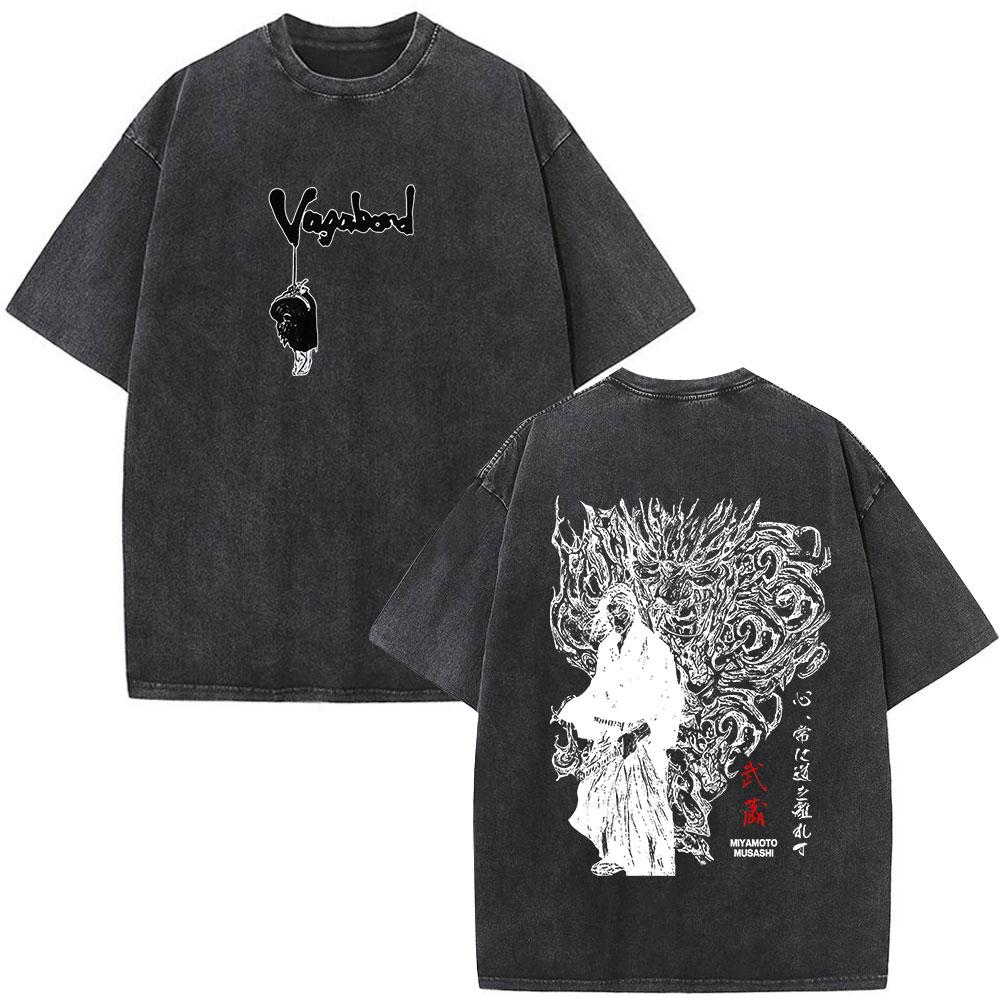 Anime Vagabond Miyamoto Musashi Vintage Washed Tshirts Men Women Clothing Fashion Casual Short Sleeve Oversized ONeck T Shirts