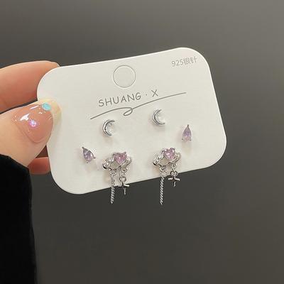 6Pcs/Set Pink Zircon Heart Cloud Stud Earrings For Women  Punk Sweet Cool Moon Earring Aesthetic Jewelry Gifts