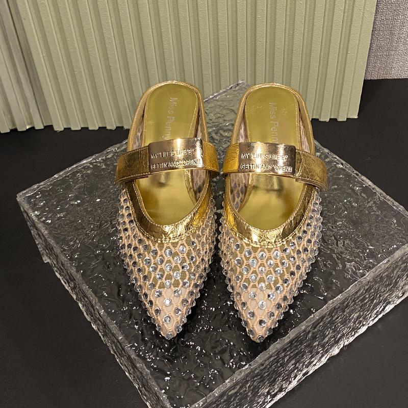 Summer Women Slippers 2025 New Rhinestone Leisure Slipper Retro Pointed Toe Metal Buckle Fashion Half Slipper Sandalias De Mujer