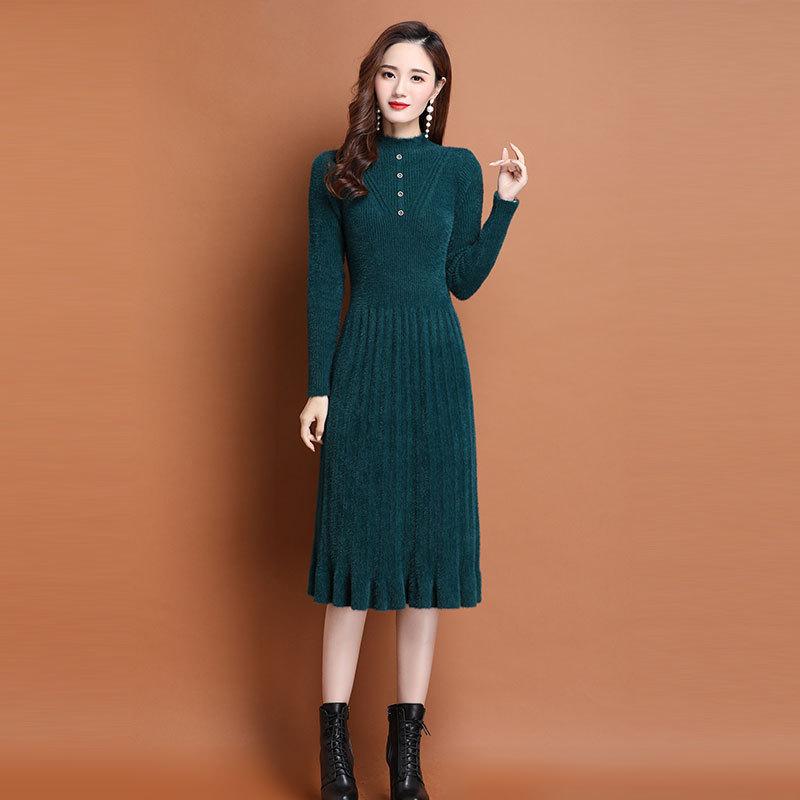 Faux Mink Fur Dress Mid-length Knitted Dress for Women Solid-color Casual Long-sleeved Sweater Autumn and Winter