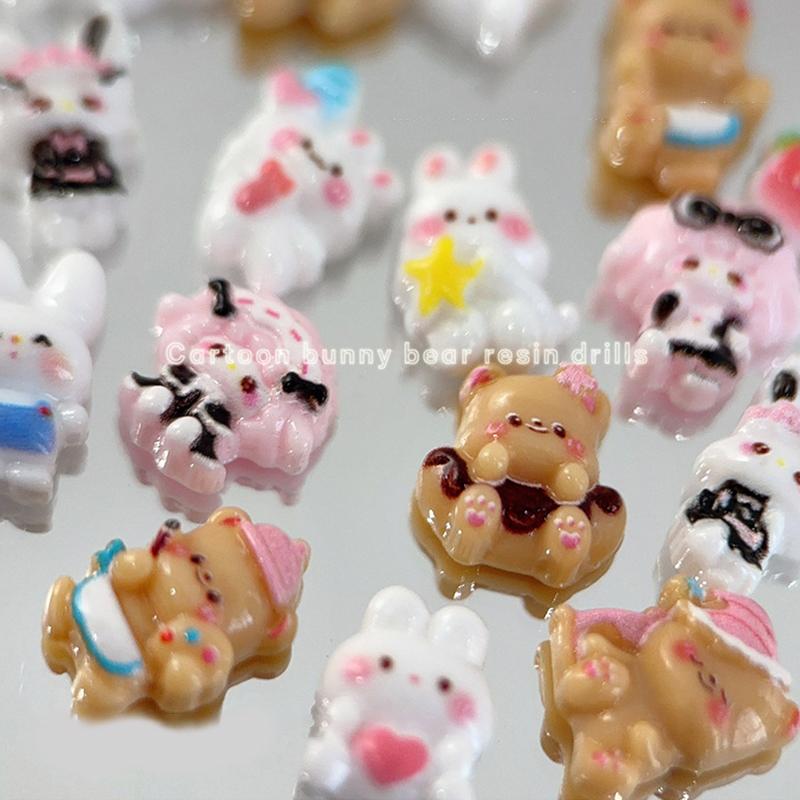 30Pcs Cartoon Bunny Nail Art Charm 3D Candy Color Resin Cartoon Little Brown Bear Nail Decoration Kawaii Nail Accessories