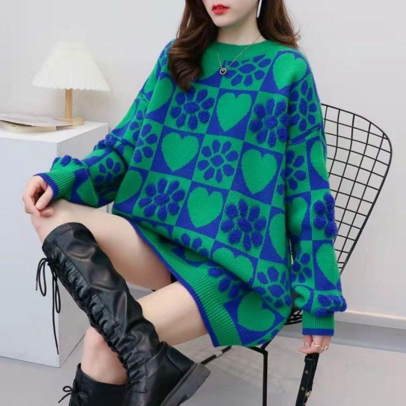 Women's Plus-size Sweater Round-neck Pullover Printed Sweater Loose Knit Top