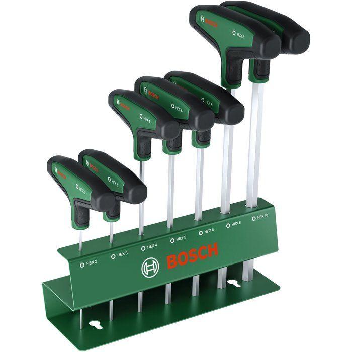 Jeu 7 tournevis hexagonaux poignée en T BOSCH 1600A039J1 - HEX2 à HEX10 et rack mural - Acier S2 56-60 HRC
