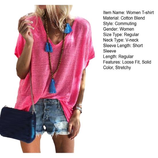 T-shirt Femme Col V Manches Courtes Couleur Unie T-shirt Coupe Ample Été