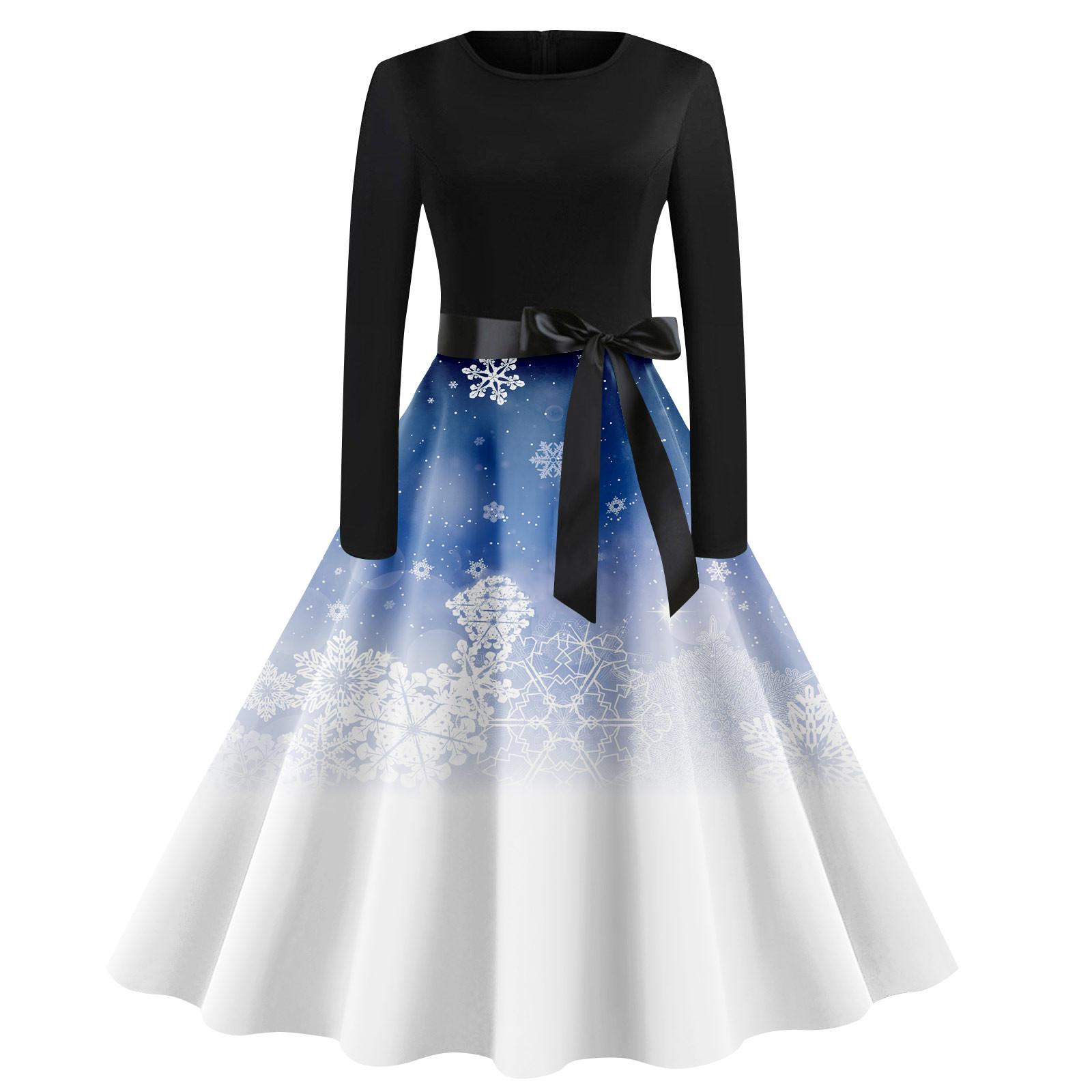 

Женское винтажное классическое платье с воротником на талии и галстуком-бабочкой с длинными рукавами и рождественским принтом, с круглым вырезом, свободное платье XXL