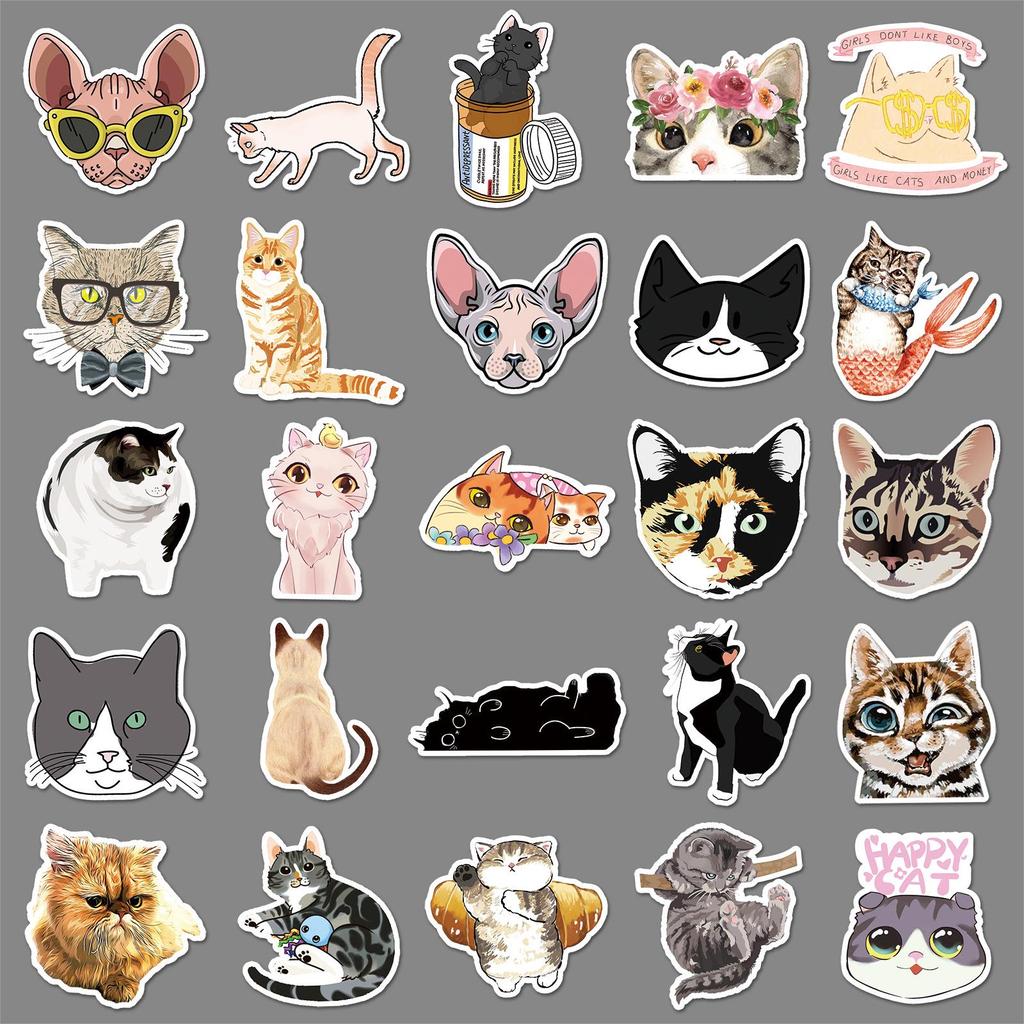 50 Cute Cat Cartoon Stickers for Notebook, Luggage, Car, and Scooter