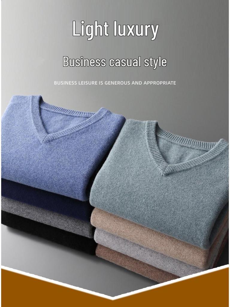 Men's Wool V-neck Sweater - Casual Loose Fit, Long Sleeve, Autumn/Winter Knitted Outerwear.