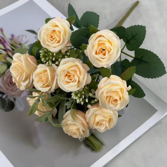 Artificial Rose Flower Multi-Heads Fake Rose Flower Bouquet with Stem for DIY Bridal Bouquet Wedding Party Table Centerpiece Home Decor