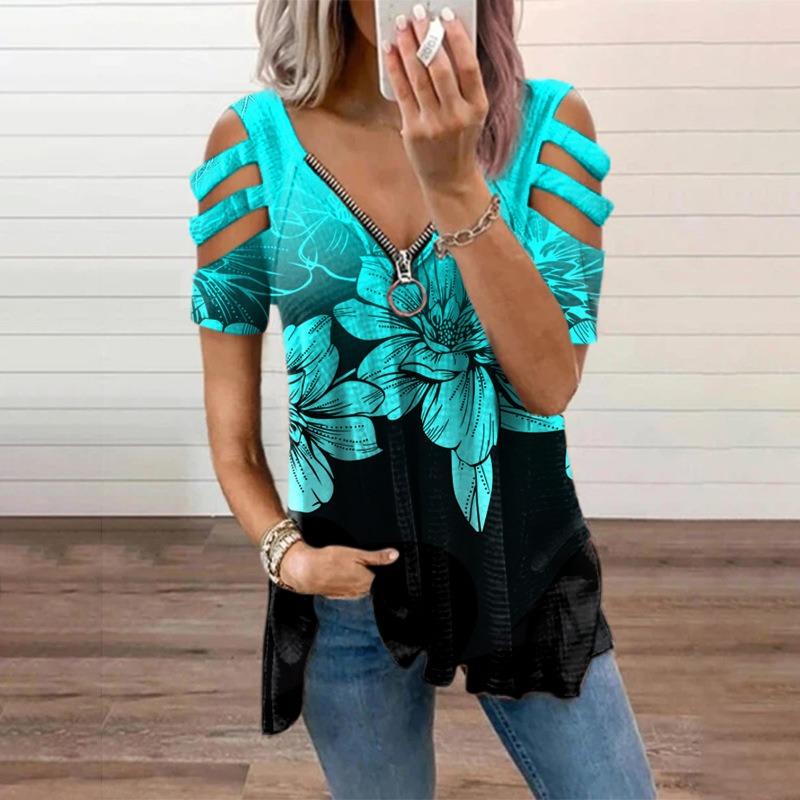 Fashion V-neck Zipper Printing Short Sleeved Loose Women T-shirt Elegant Off Shoulder Hollow Out Plus Size Blouse Female Vintage Slim Streetwear Top