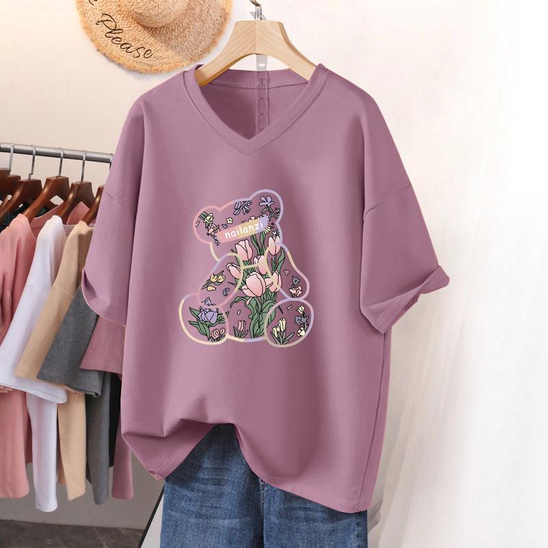 Short-sleeved T-shirt for Women, Large Size, Loose and Slimming, Printed V-neck Top