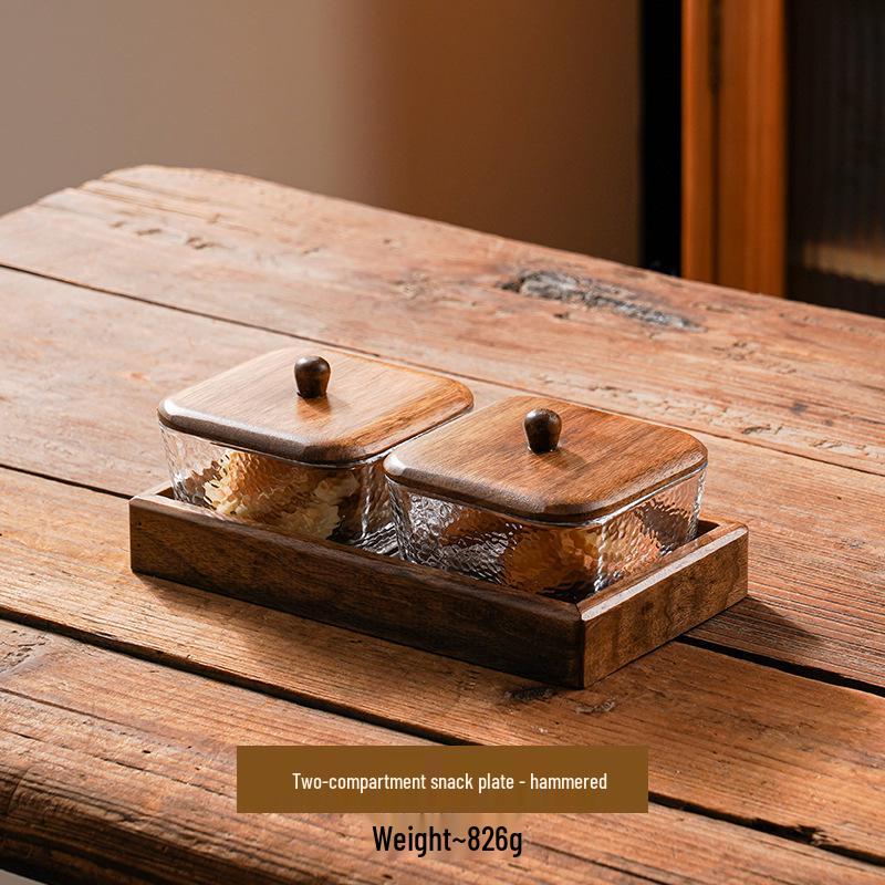 Compartmented Walnut Wood and Glass Snack Tray