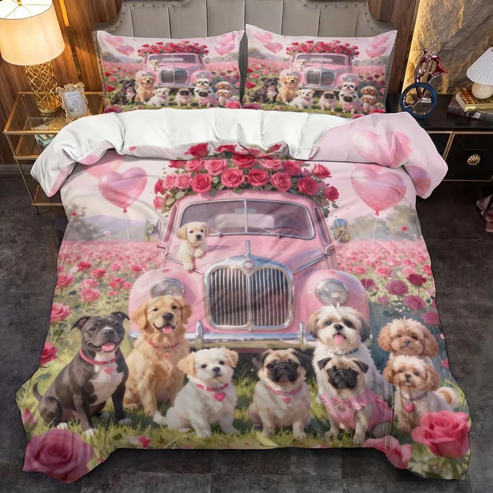 

3 Piece Set Pet Pink Car Decoration Valentine s Day Print Quilt Set,Including 1 Duvet Cover and 2 Pillowcases(excluding Padding) 135cmX200cm