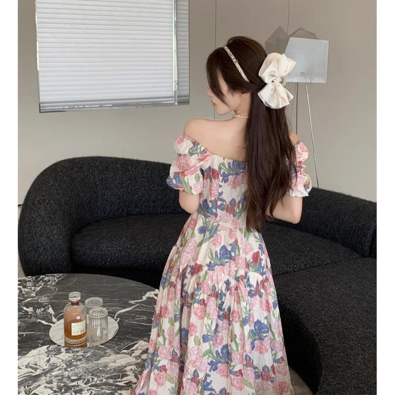 Design Sense Large Size French Romantic Floral Square Neck Dress New Women's Summer Fat Mm Belly Covering and Thin Dress