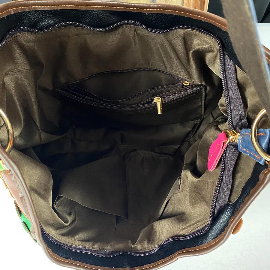 New Single Shoulder Women'S Bag Texture Head Layer Leather Tote Bag Splicing Flower Leisure Crossbody Bag