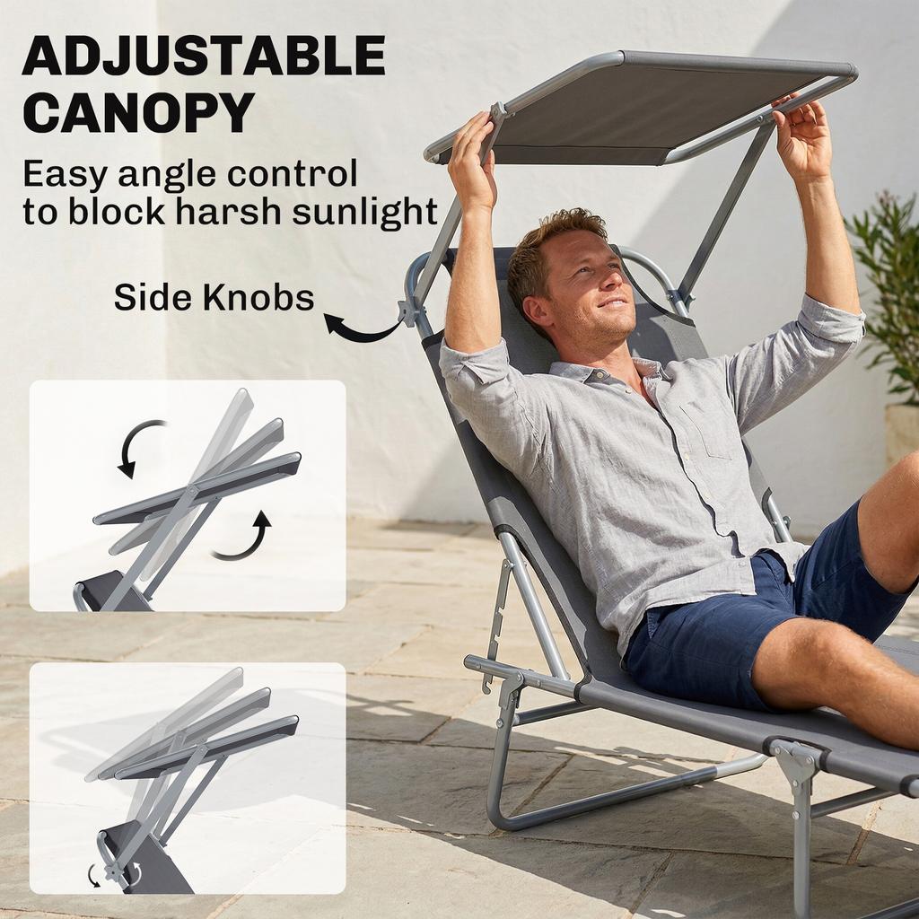 Outdoor Foldable Sun Lounger 4 Level Adjustable Backrest Reclining Sun Lounger Chair With Angle Adjust Sun Shade Awning For Beach Garden Patio Grey