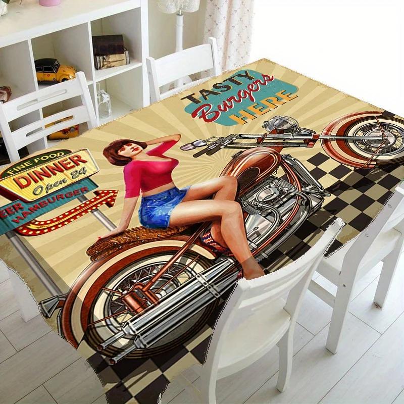 One vintage-style tablecloth with a Pin-Up motorcycle design.PMJ
