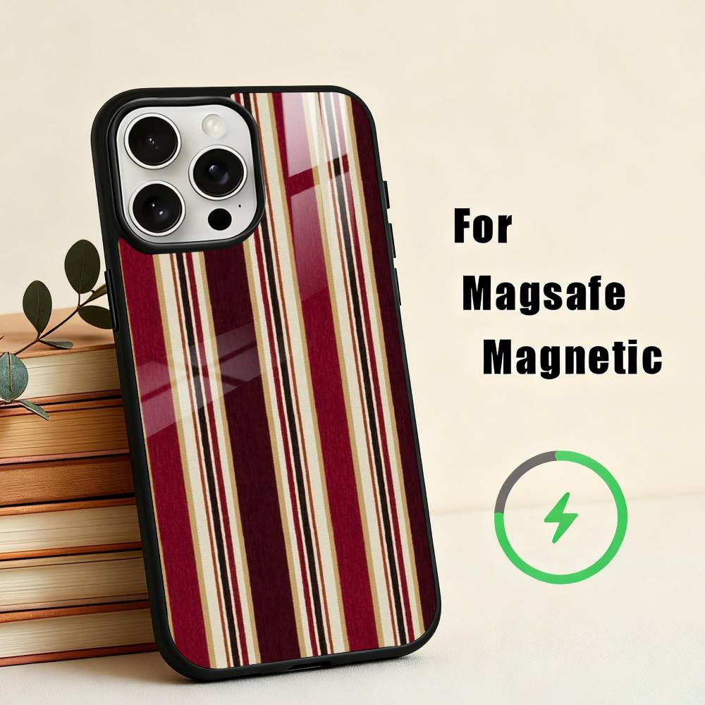 B-Burgundy W-White Stripe Phone Case For iPhone 17,16,15,14,13,12,Plus,Pro,Max for Magsafe Magnetic Wireless Charging