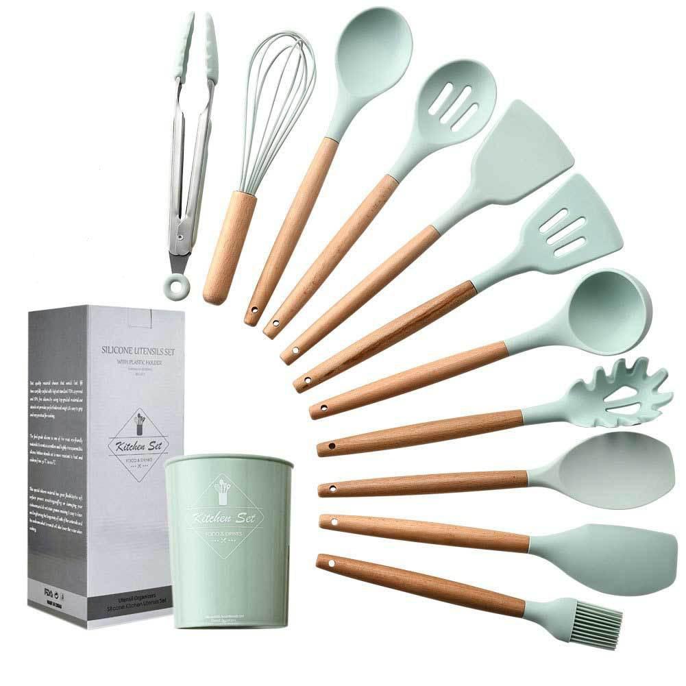 11Pcs/Set Light Green Color Silicone Kitchenware Set with Wooden Handle 12.5x12.5x33.5cm green#1