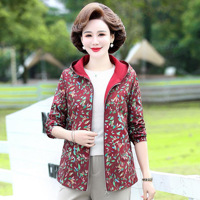 2026 Spring Floral Windproof Hooded Jacket for Middle-Aged & Elderly Moms - Plus Size, Warm & Slimming