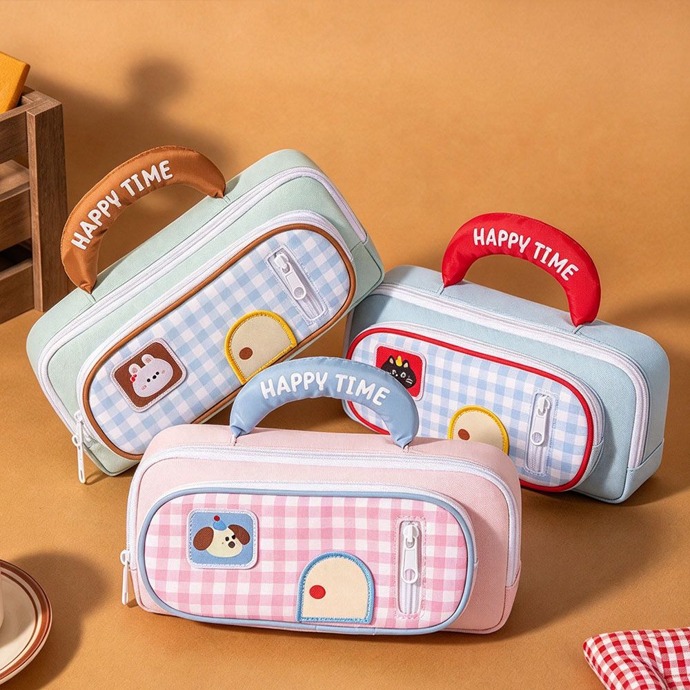 Cartoon Animal Pencil Case Plaid Stationery Bag New Pen Case School