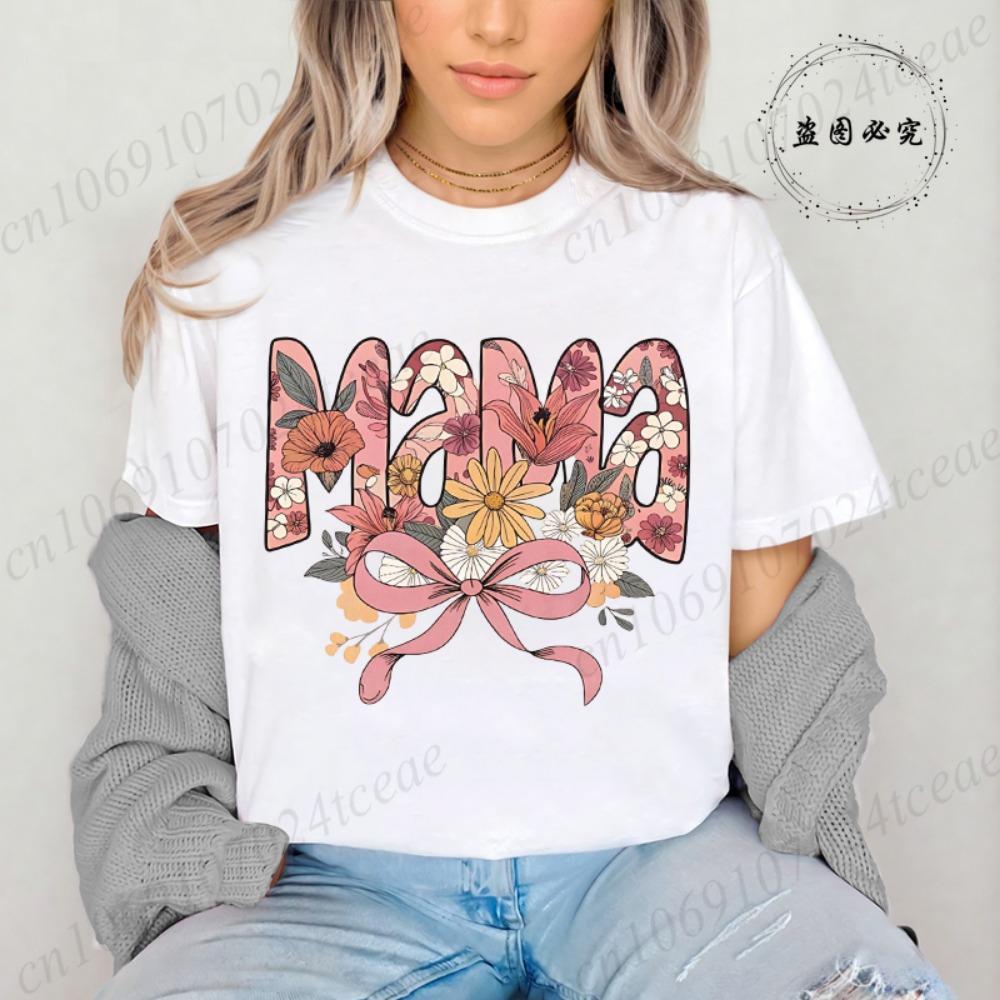 Floral Coquette T-Shirt,Pink Bow Tee Floral Mama T-Shirt for Women Vintage Retro Mama Shirt Wildflowers Mama Women's Clothing