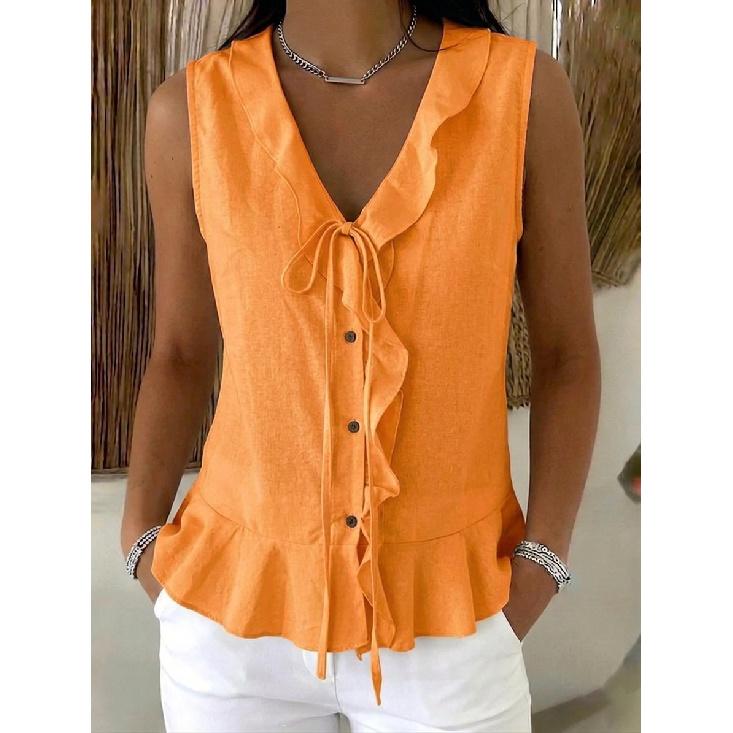 2026 Summer New V-neck Ruffle Trim Tie Sleeveless Top Women's Casual T-shirt