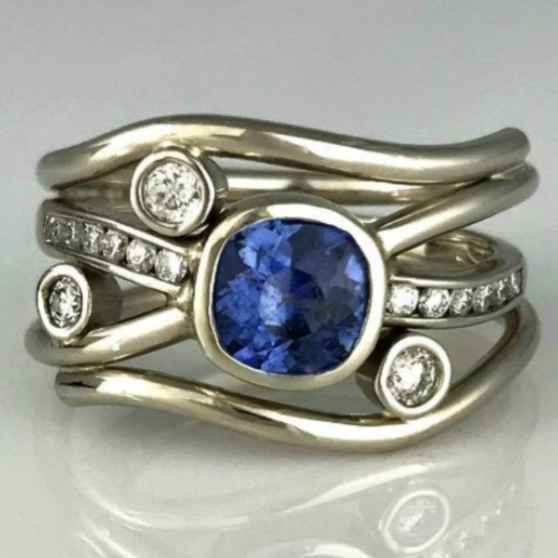 Vintage Inlaid Blue CZ Women's Ring Dazzling CopperColor Geometry Daily Wear Party Jewelry Anniversary Gift