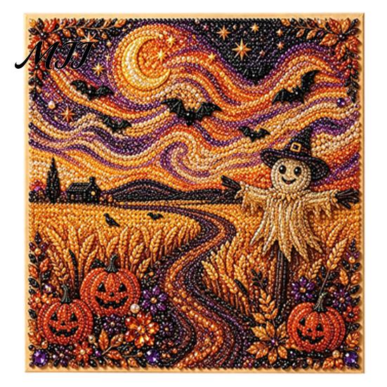 Zestaw Artystyczny z Sztucznymi Perłami Halloweenowy Zestaw DIY, Zestaw do Haftu 3D Koralikami, Upiorny Projekt Relaksujący Stres Duch Koza Wiedźma Sztuka Ścienna, Sezonowa Dekoracja Domu