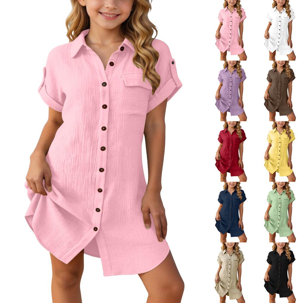 Girls Casual Short Sleeve Shirt Dress Loose Fit Button Down Collared Dress Lightweight Summer Dress for Kids
