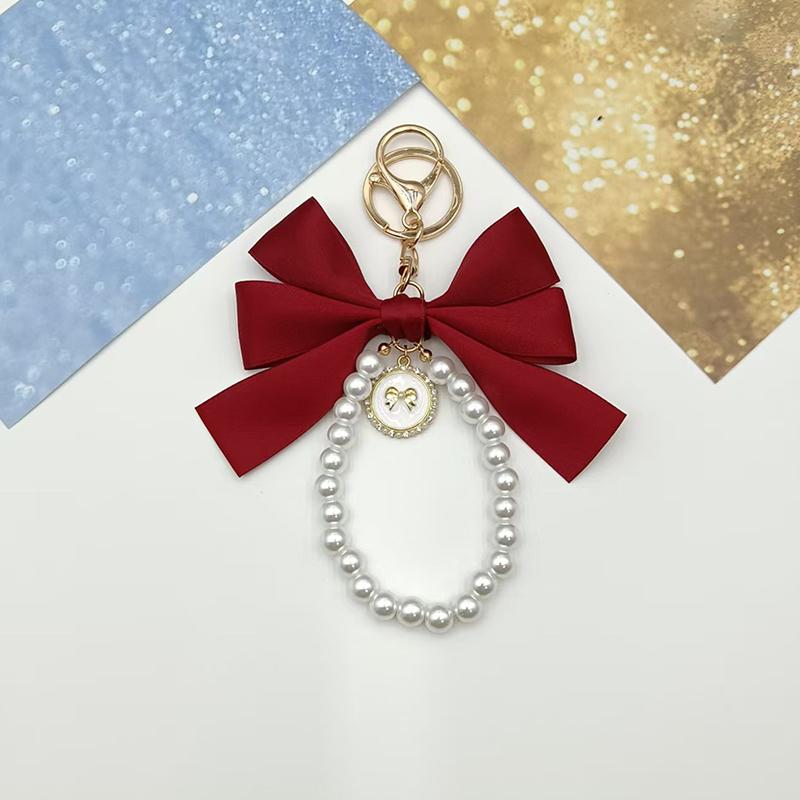 Fashion Large Bowknot Ribbon Pearl Key Chain Women's Multi-color DIY Key Pendant Hanging Ornament Sweet Bag Accessories