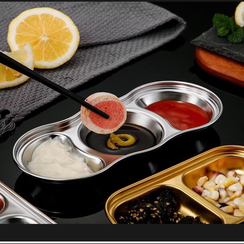 ZISIZ 304 Stainless Steel 3-Compartment Dipping Dishes for Hot Pot & BBQ (Set of 4)