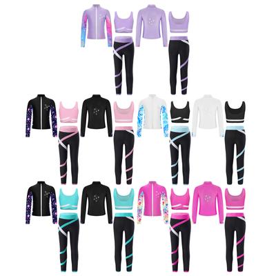 Kinder Mädchen Eiskunstlauf Trainingsanzug Langarm Sportshirt mit Trägertop Leggings Sport Gymnastik Fitness Yoga Outfits