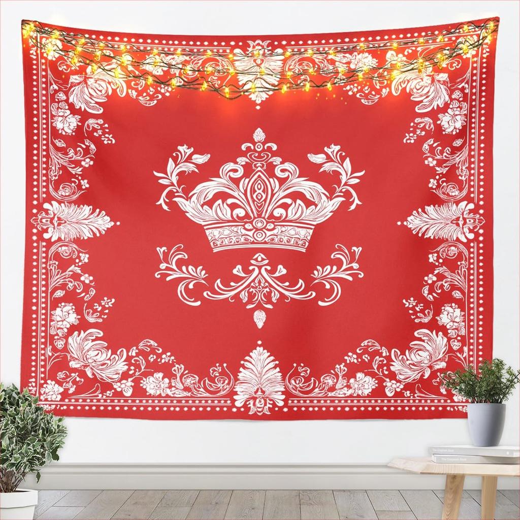 Black & White Crown Tapestry, Ornate Baroque Floral Pattern Print, Wall Hanging for Luxury & Vintage Aesthetic Home Decor
