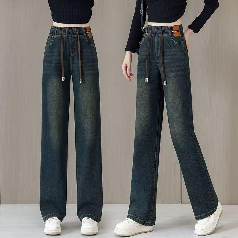 Velvet Elastic Waist Lambswool Jeans: Loose Winter High Waist, Stretch, Plus Size, Thickened Straight-Leg Pants (75-200)