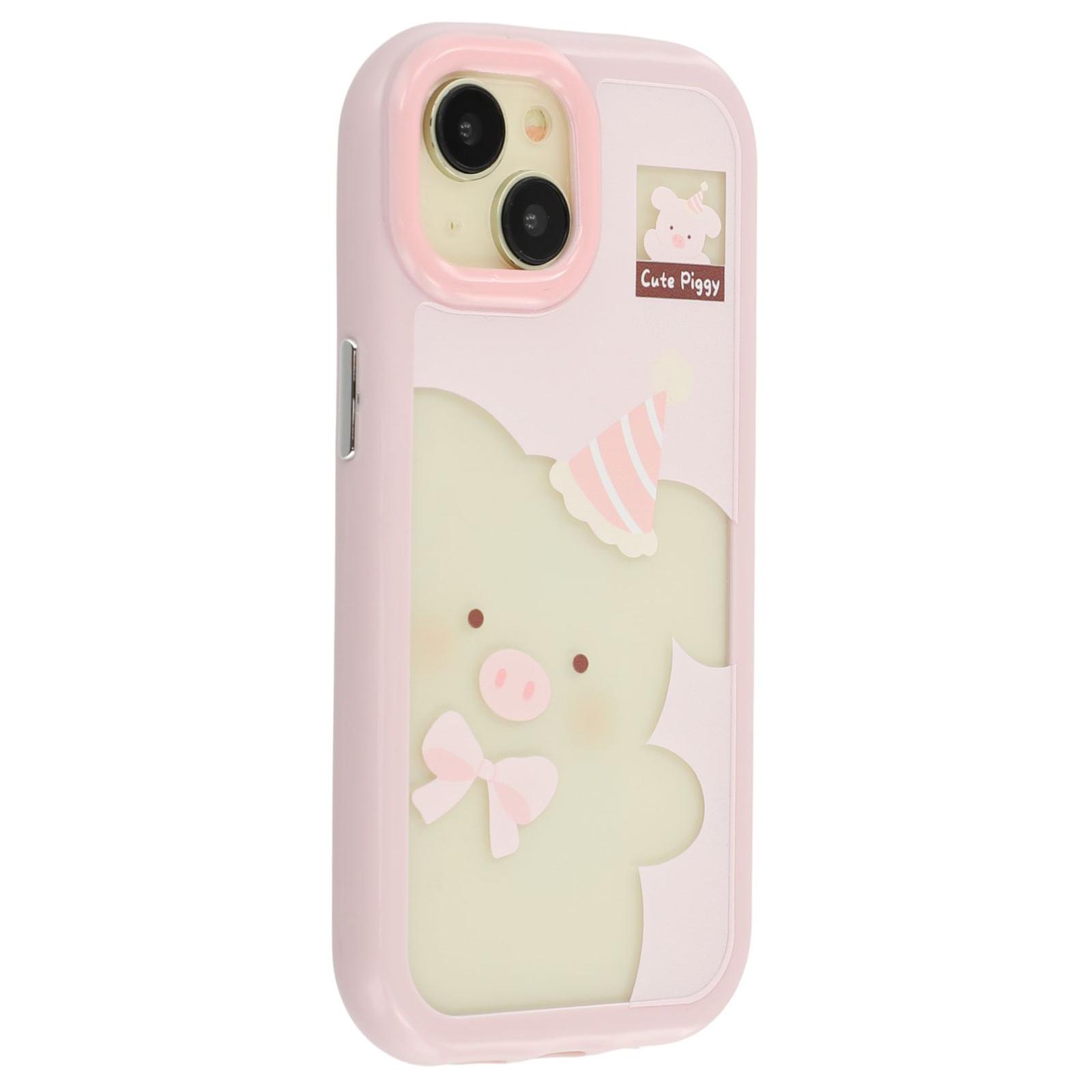 

For iPhone 15 Case Pattern Printing TPU+Acrylic Phone Back Cover Large Lens Cutout Pink Pig