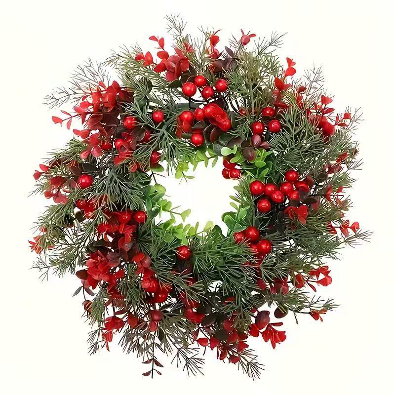 American Style Red Berry & Eucalyptus Christmas Wreath - Holiday Door & Window Decoration