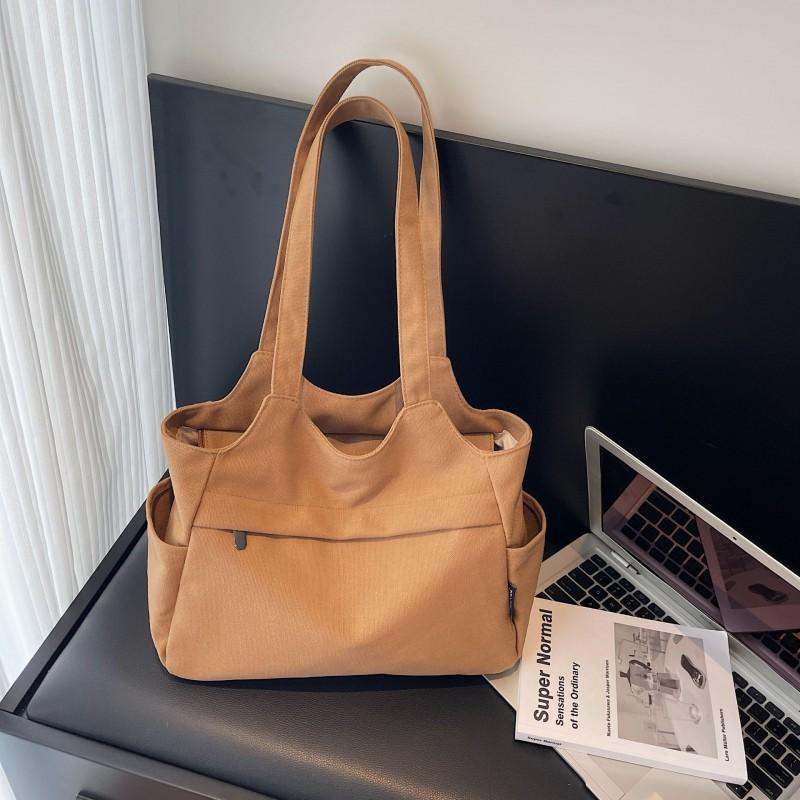 Canvas Bag Casual Commuting Practical Multi-function Shoulder All-matching Pure Color Simple Tote Student Class Schoolbag