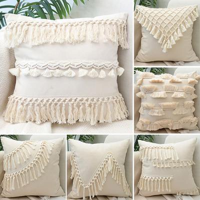 Tassel Pillowcase with Hidden Zipper Fringe Decor Square Shape Bohemian Style Office