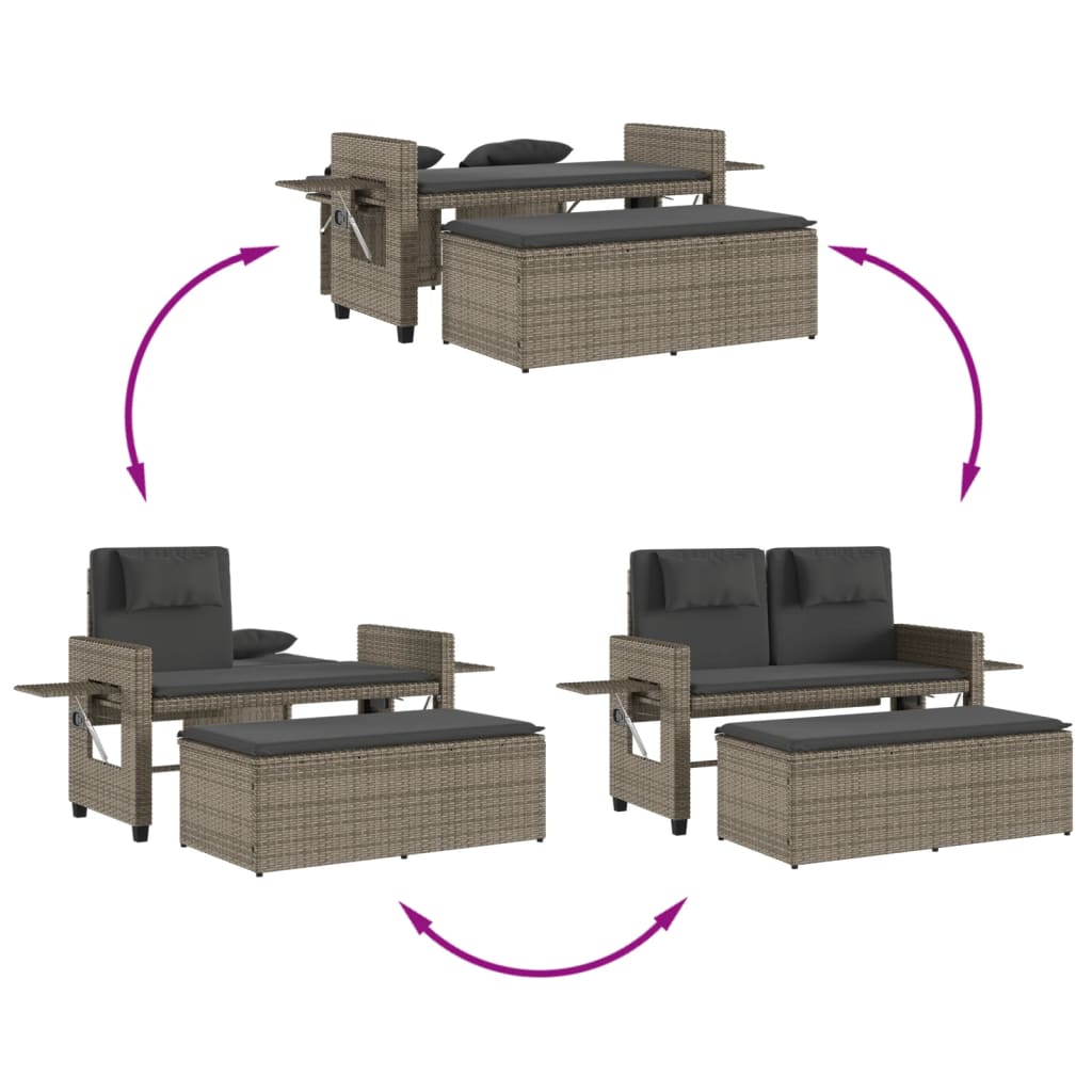 Adjustable Garden Bench with Cushions Grey Poly Rattan