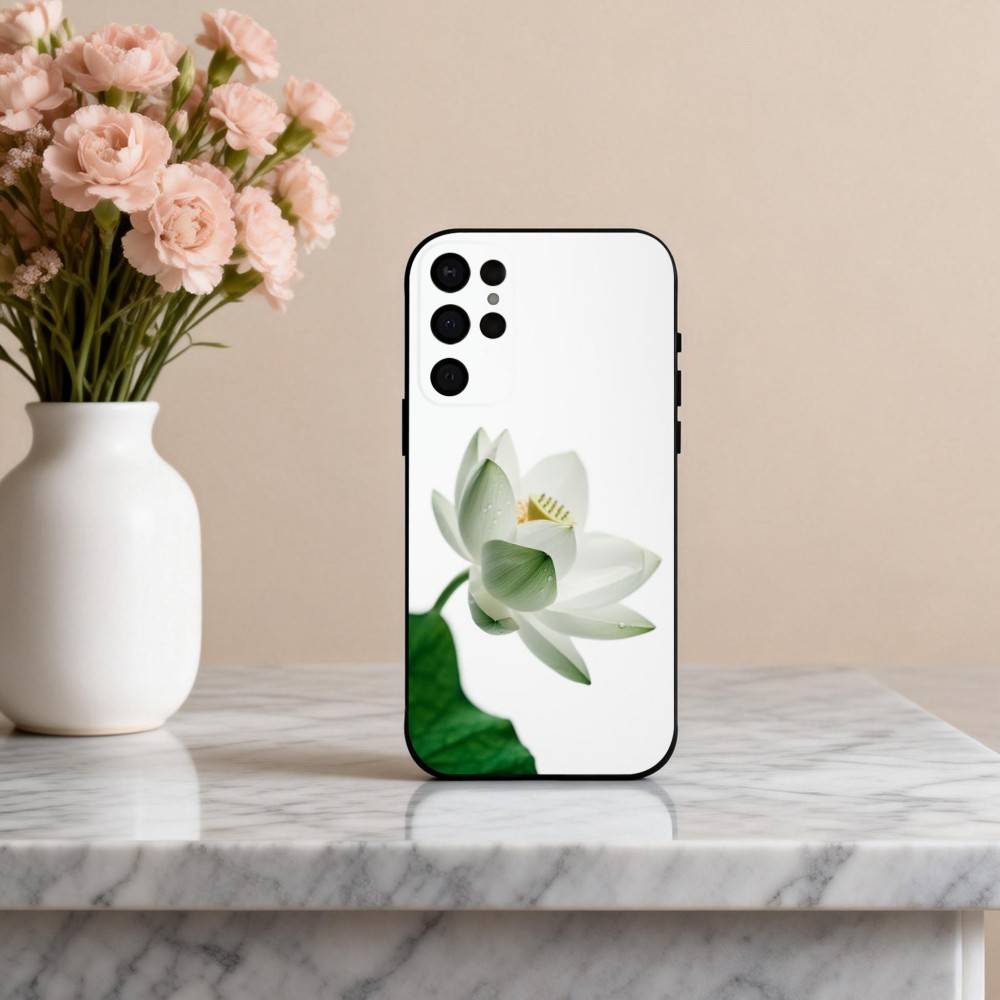 E-Emerald W-White Lotus Phone Case For Samsung S25,24,23,22,30,21,10,9,Ultra,Plus,Lite,FE,4,5 G Soft Black Case