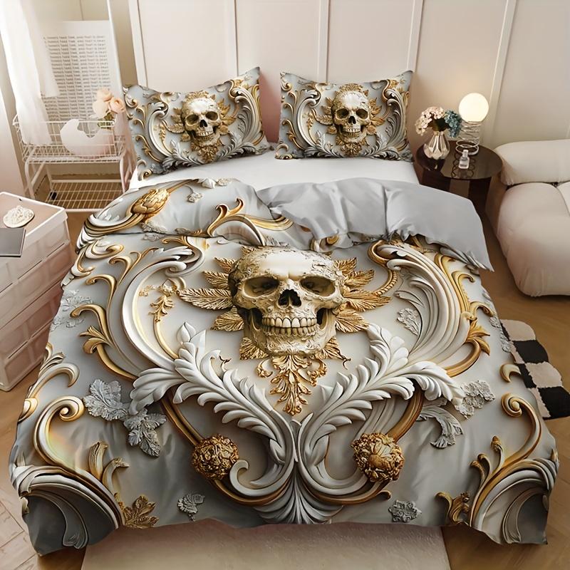 

Golden Skull Duvet Cover Set 1 Duvet Cover+2 Pillowcases Elegant White Golden Floral Skull Design Breathable Bedding Set 90X200cm 2PCS