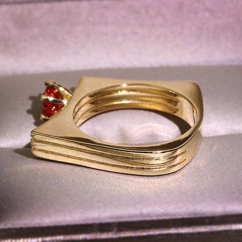 Luxury Yellow Gold Filled Red Zircon Stone Ring Charms Jewelry Crossed Design Crystal CZ Wedding Rings Engagement Jewelry