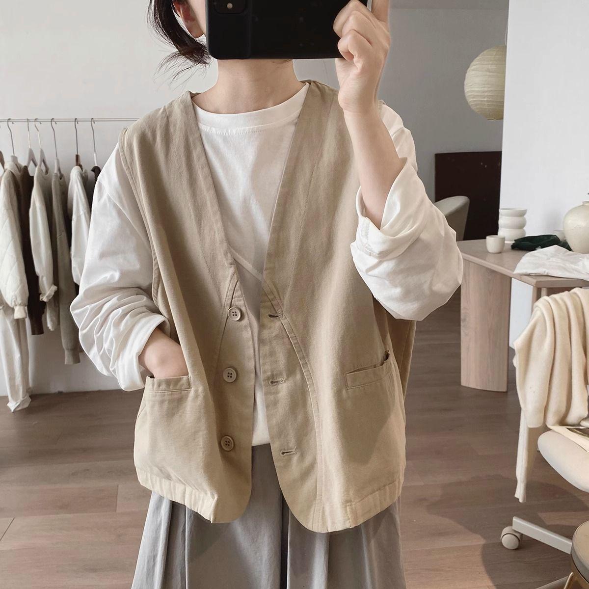 

Женский свободный приталенный хлопковый жилет-пальто с V-образным вырезом - Весна и Осень, нишевый дизайн, рабочая одежда M [80-100 lbs] хаки