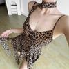 American Vintage Y2k Leopard Print Sexy Dress Women Slim Irregular Design Lace Strap Dress Evening Party Style Summer Fashion