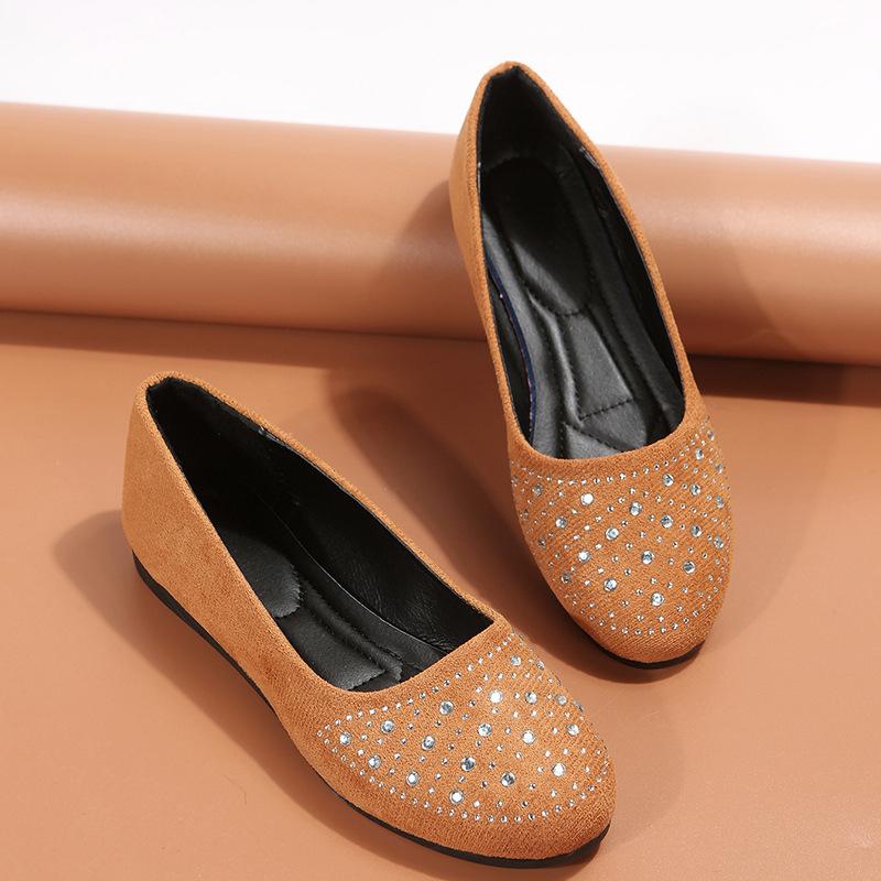 

Single shoes autumn new large size round head flat bottom one pedal rhinestone single shoes shallow mouth shoes 43 жовтий