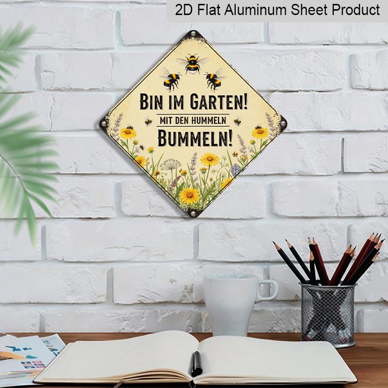 2D Flat Vintage Bee Garden Aluminum Sign, Funny German Slogan Rustic Wall Art with Rusty Edge, Hanging Decor for Garden Yard Patio Farm