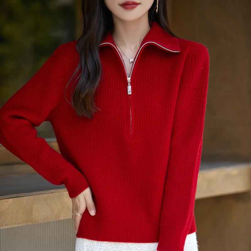 Women's Half-Zip Pure Wool Sweater - Stylish Loose-Fit Autumn Knit Top